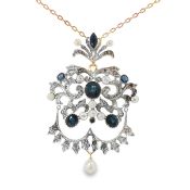 ANTIQUE SAPPHIRE, NATURAL PEARL AND DIAMOND PENDANT NECKLACE