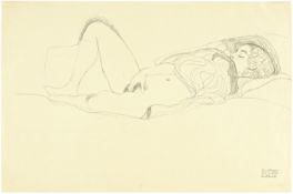 Gustav Klimt; Liegender Halbakt nach rechts mit aufgestelltem rechten Bein