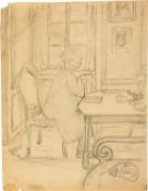 Diego Giacometti; Annetta Giacometti am Tisch in der Stube im Haus in Maloja