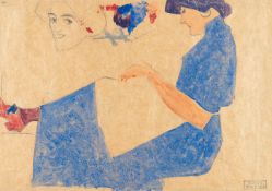 Egon Schiele – Recto: Sitzende Dame im Profil nach links, in blauem Kleid – Verso: Weiblicher Halbak