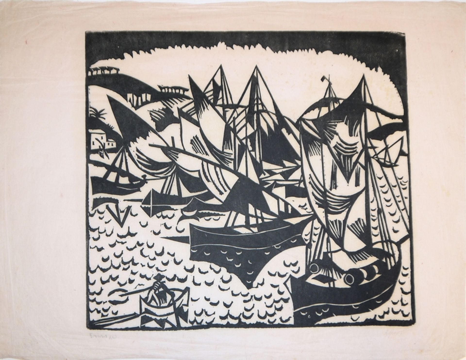 Richard Seewald, Segelbarken (Elba), signierter Holzschnitt von 1922