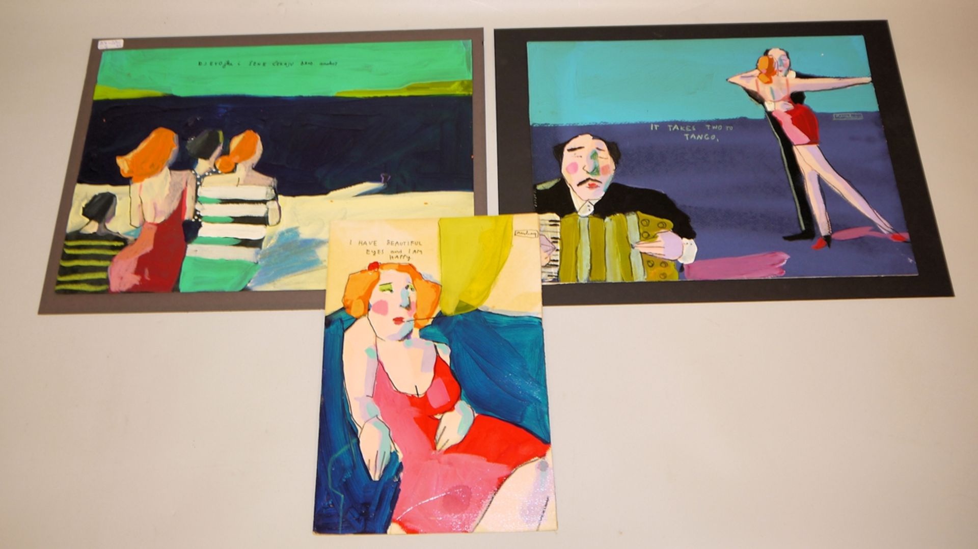 Ana Kolega, 3 Ölgemälde mit farbenfrohen Motiven & eine Collage, gerahmt