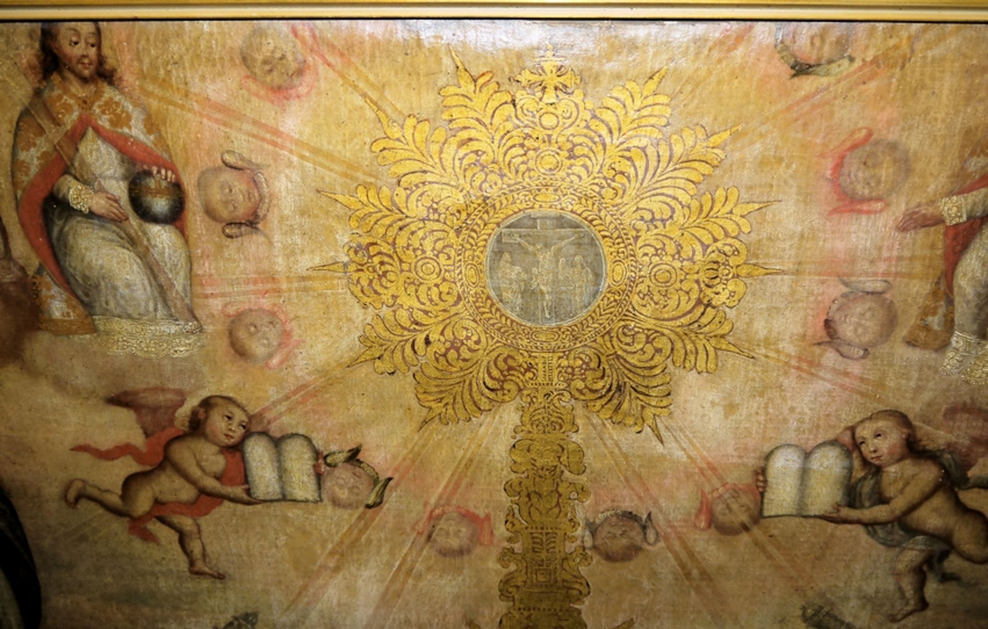 Großes Andachtsbild mit der Verherrlichung des Altarsakramentes, Ölgemälde, Cusco-Schule, Peru um 1 - Bild 2 aus 3