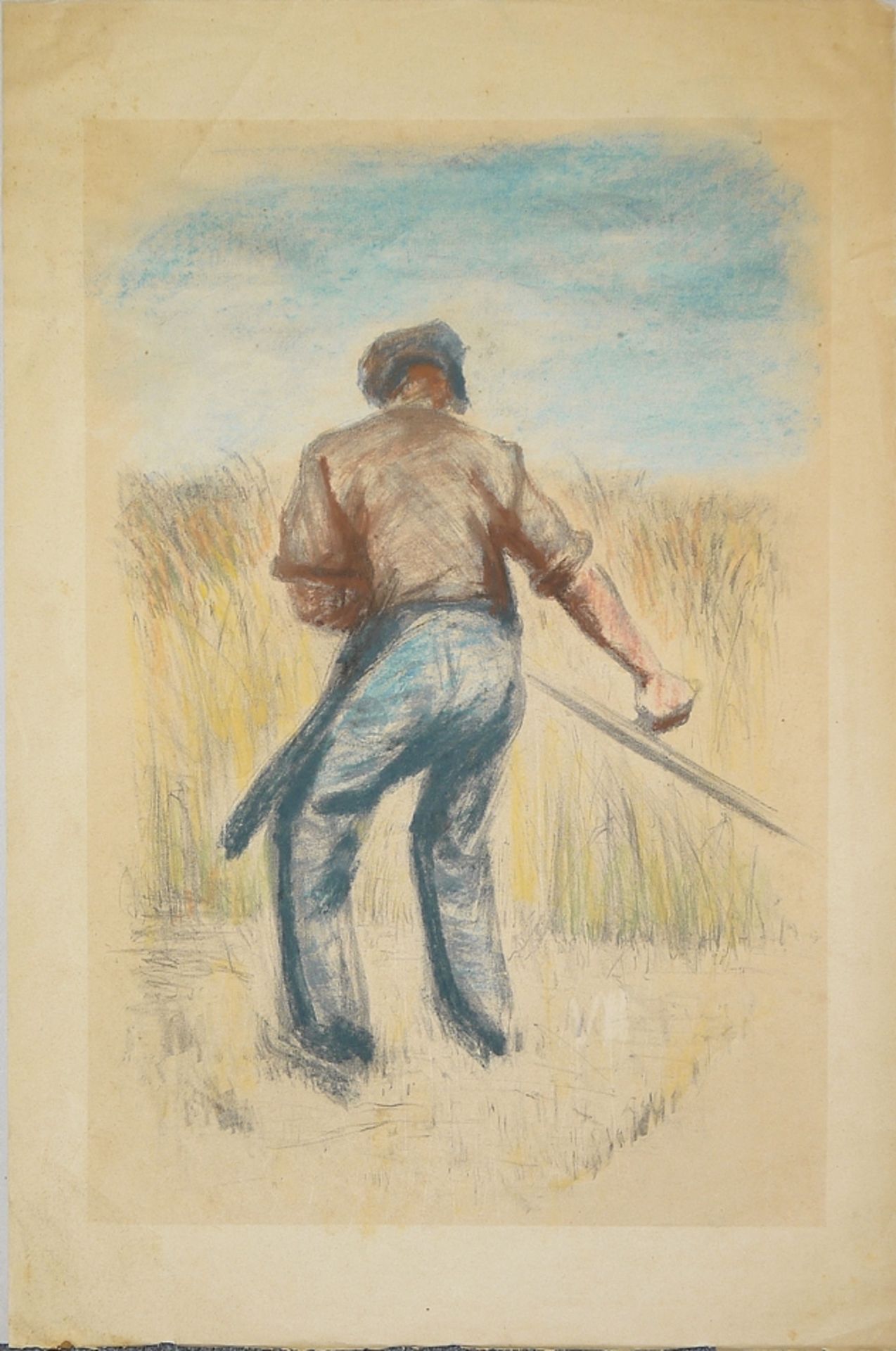 Erich Fraaß und Wilhelm Laage, Bauer bei der Feldarbeit, Lithographie mit Pastell und zwei Holzschn