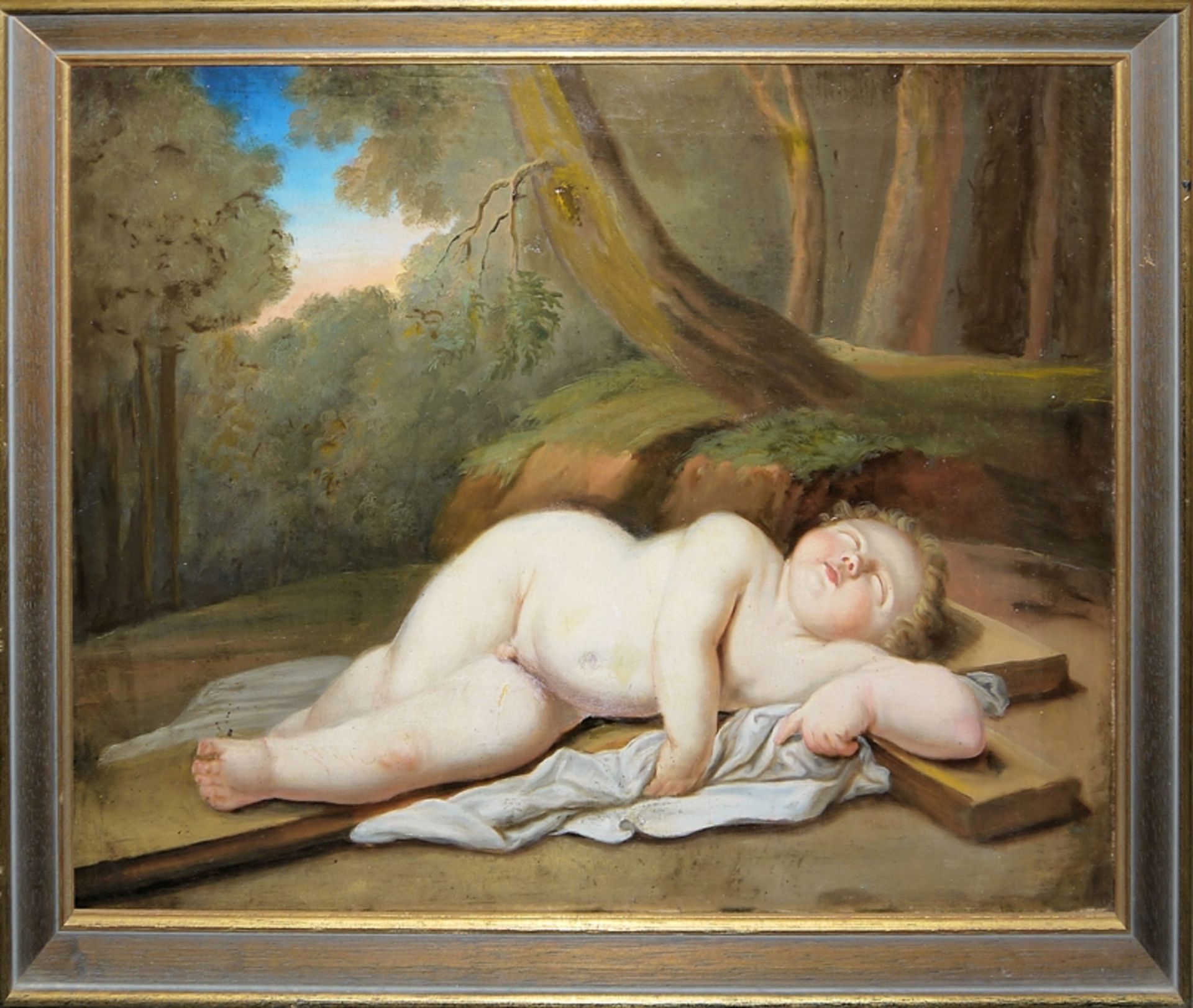 Italienisch oder Iberisch um 1680/1700, Christus als Kind, schlafend auf einem Kreuz, Ölgemälde, ge - Bild 2 aus 3