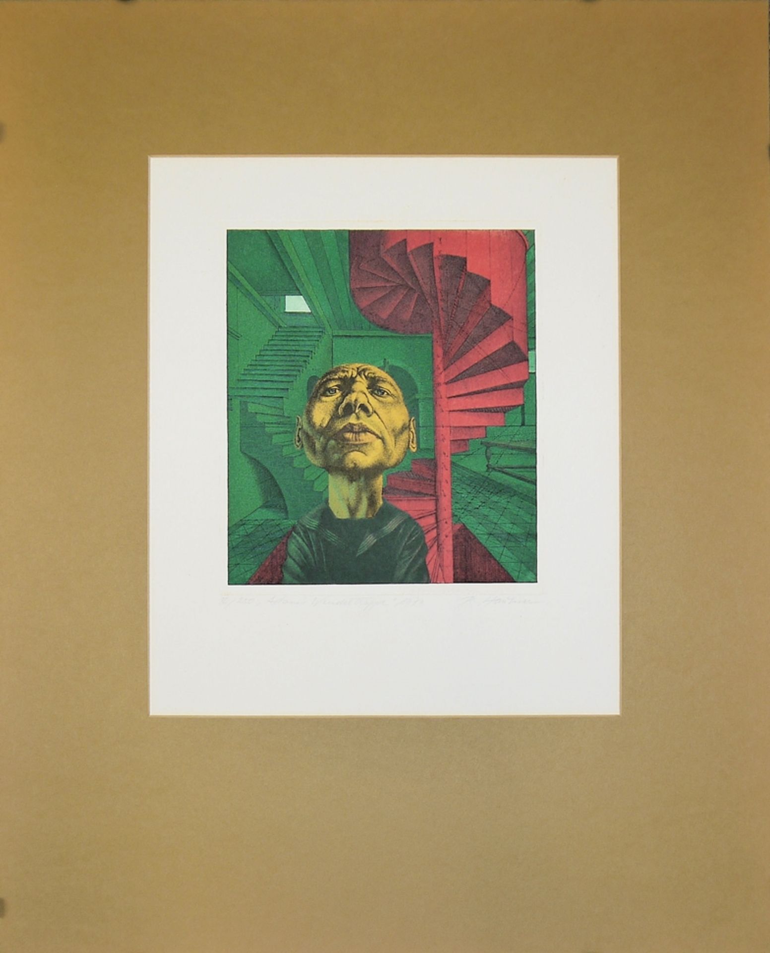 Rudolf Hausner, "Adams Wendeltreppe", signierte Farbradierung von 1974