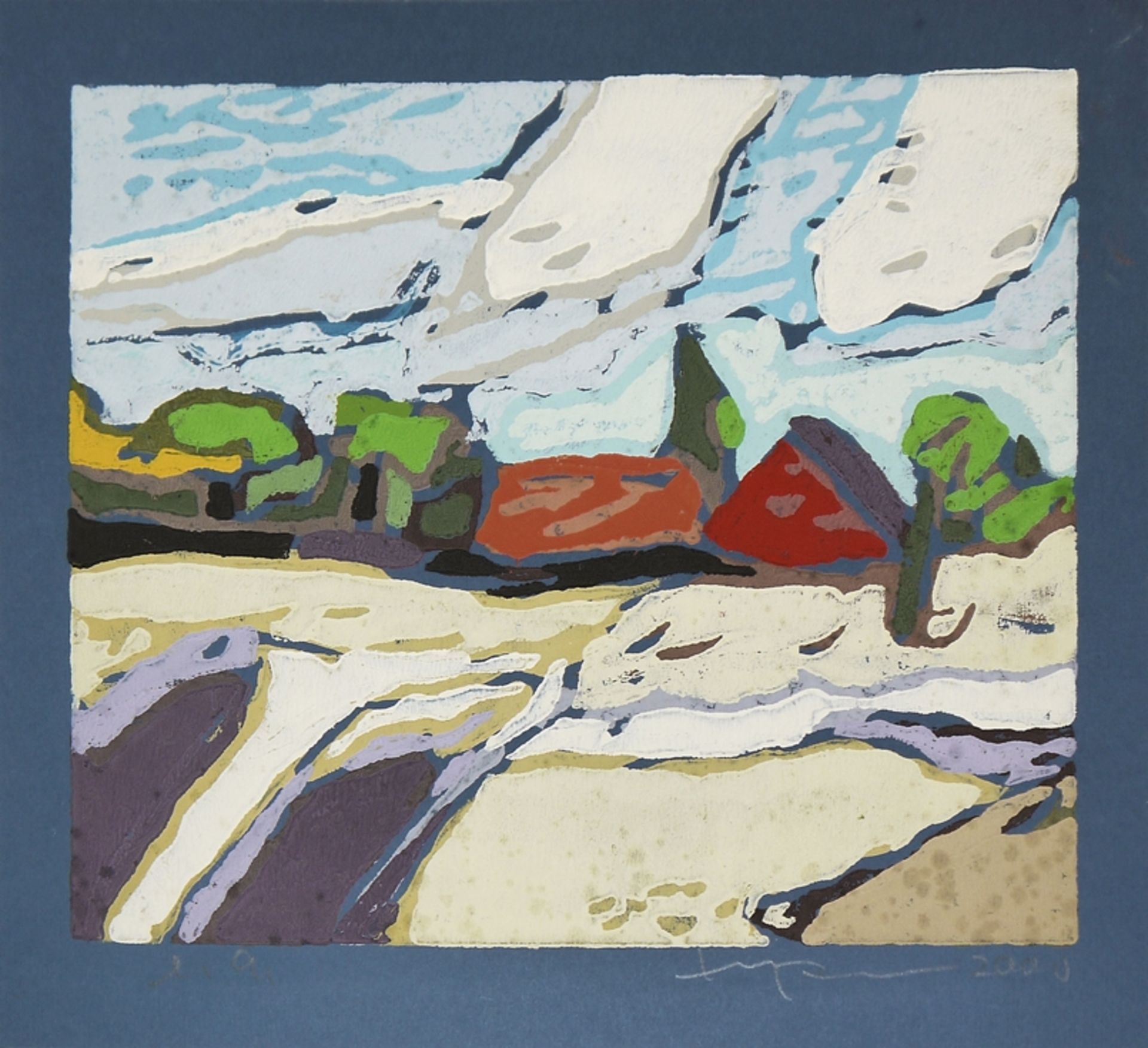 Klaus Fußmann, Landschaft mit roten Dächern, signierter Farblinolschnitt von 2000