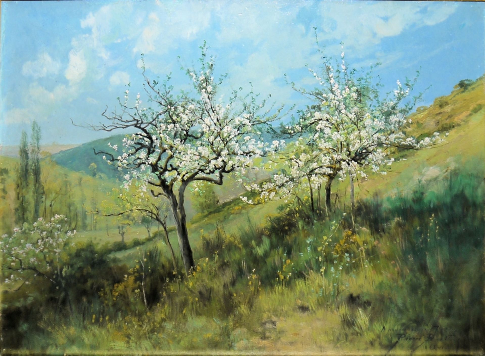 Pierre Ernest Ballue, Blühende Obstbäume im Frühling (Arbres fruitiers en fleurs au printemps), Ölg