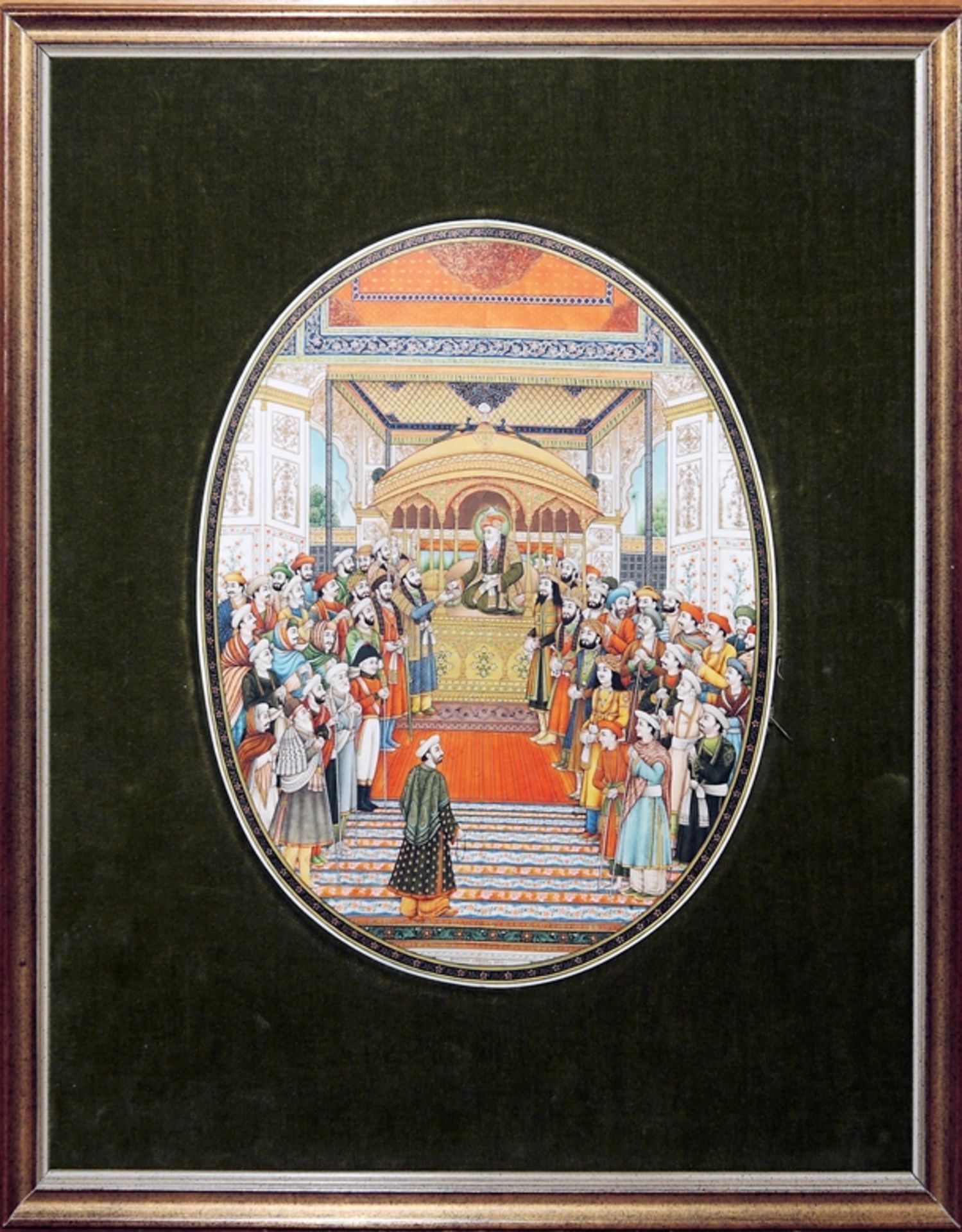 Durbar des Moghul-Herrschers Akbar Shah II., feine Miniaturmalerei von Suresh Lohar, Udaipur, Indie
