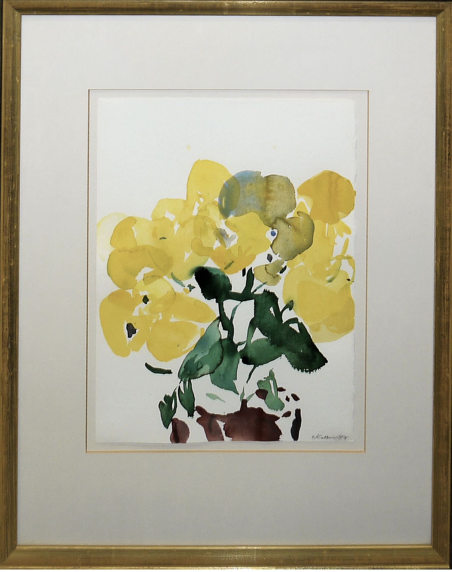 Oskar Koller, "Stiefmütterchen" & Dicke gelbe Blüten, zwei Aquarelle, gerahmt