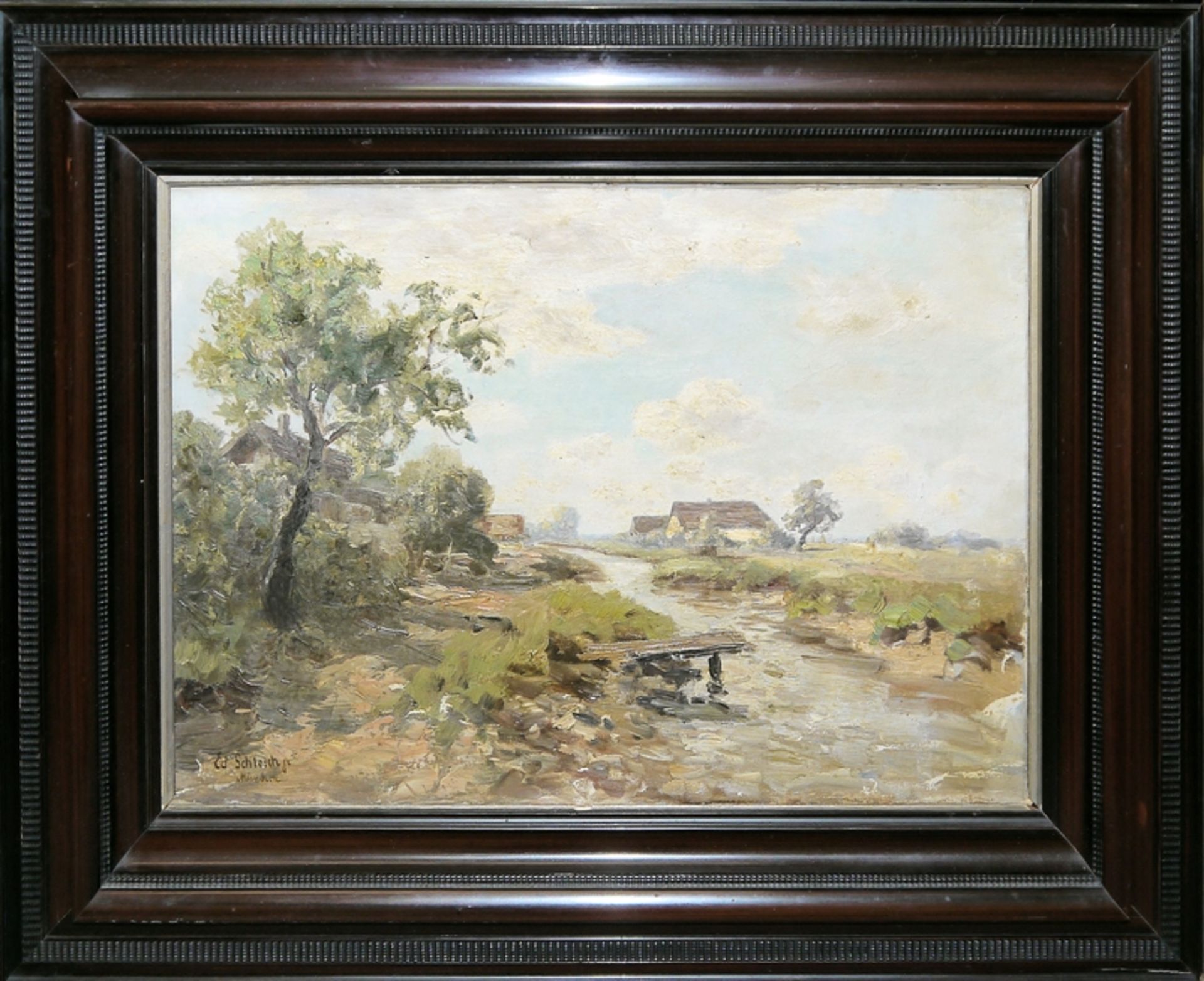 Eduard II Schleich, Flusslandschaft mit Bauernhäuser, impressionistisches Ölgemälde, München 1882,  - Bild 2 aus 4