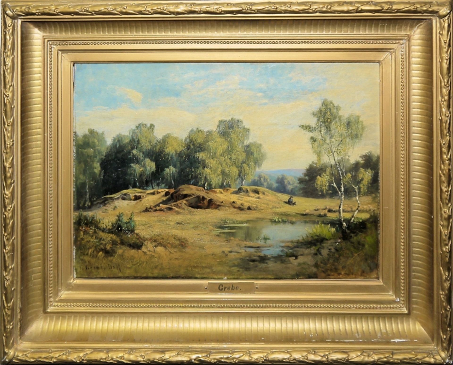 Fritz Grebe, Schäfer und seine Herde an einem kleinen Gewässer, Ölgemälde, Düsseldorf um 1880/90, o - Bild 3 aus 4