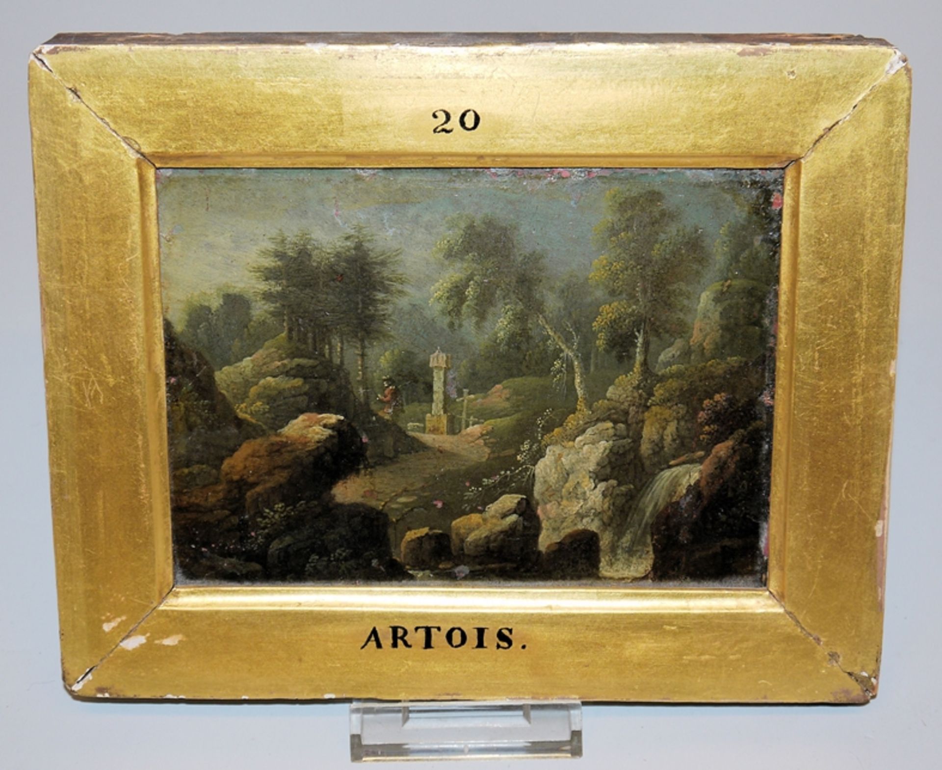 Jacques d’Arthois, Nächtliche Felsenlandschaft mit einem Mann an einem Grabmal, kleines Ölgemälde u