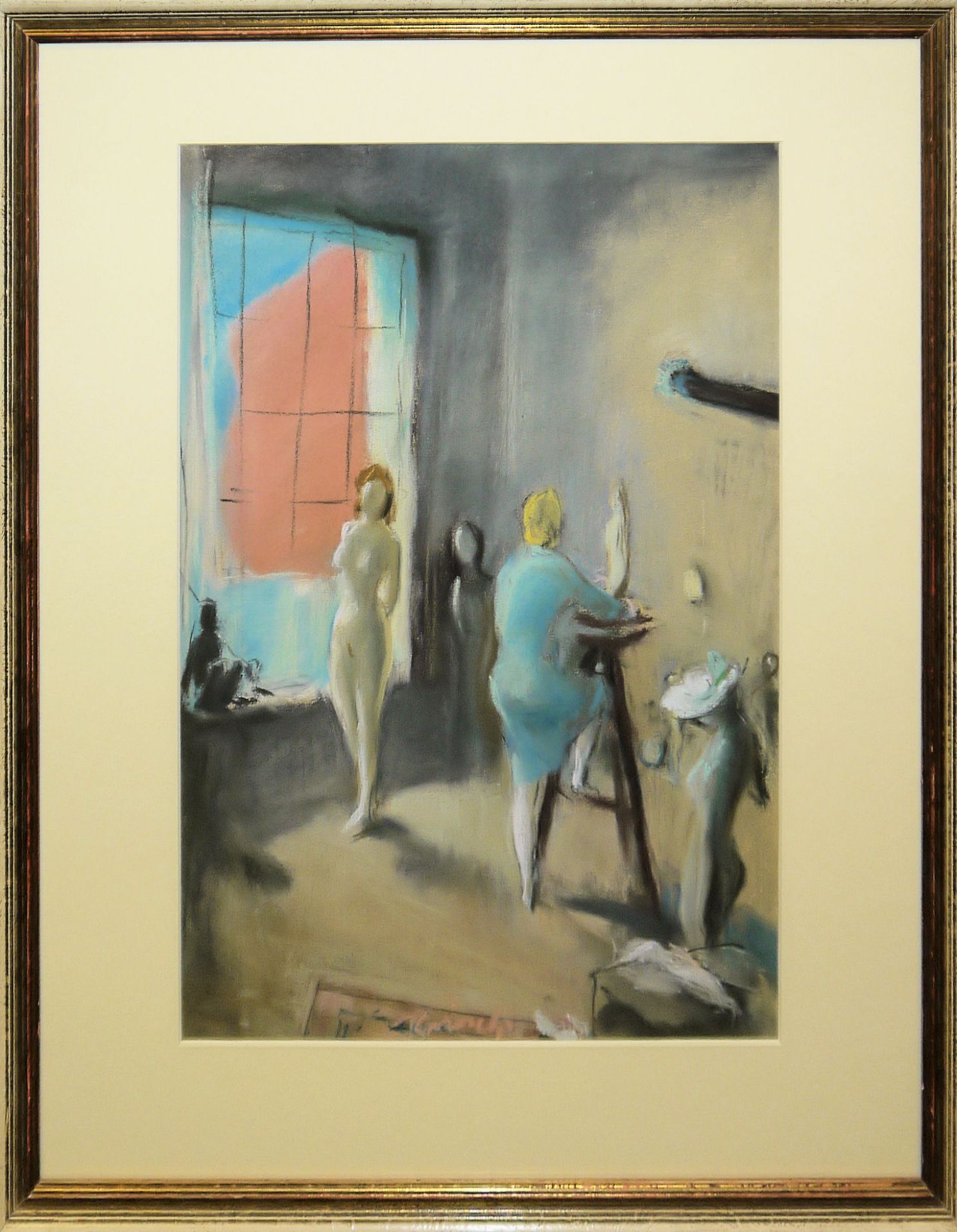 Rudolf Kriesch, Bildhauerin und Modell, Atelierszene, Pastell, gerahmt