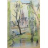 Kurt Kempin, Landschaft mit Kirchturm, monogrammiertes Pastell, gerahmt