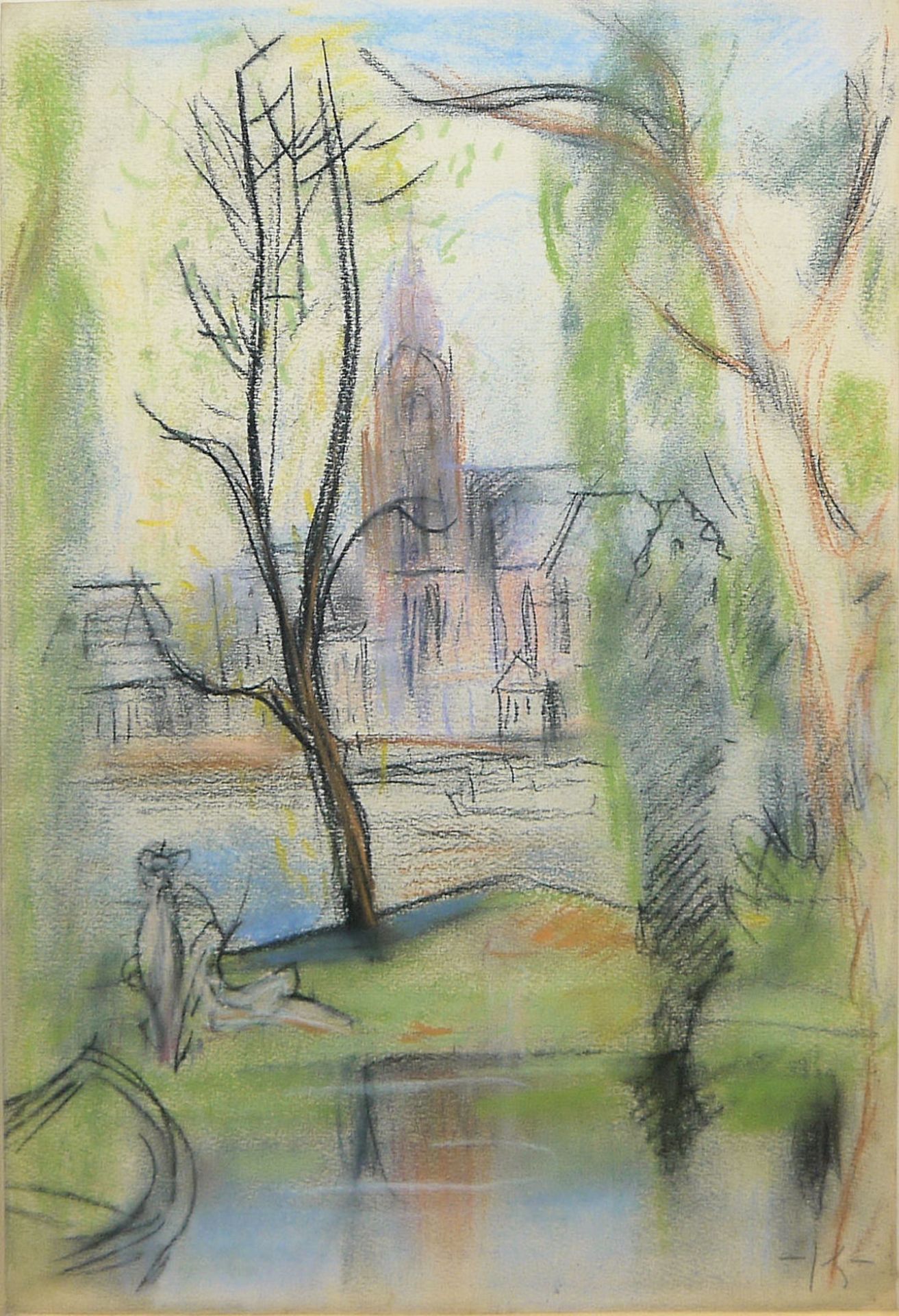 Kurt Kempin, Landschaft mit Kirchturm, monogrammiertes Pastell, gerahmt