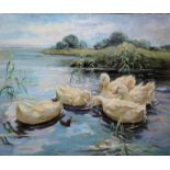 Alexander Koester, Fünf Enten, großes Ölgemälde, gerahmt