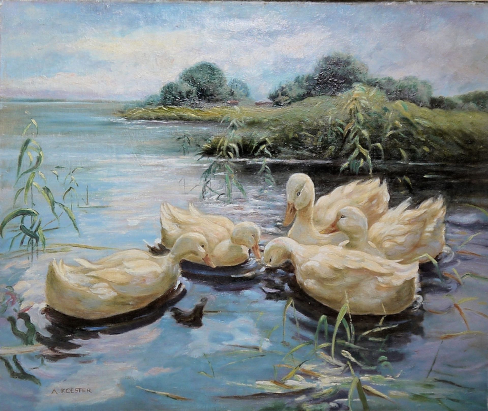 Alexander Koester, Fünf Enten, großes Ölgemälde, gerahmt