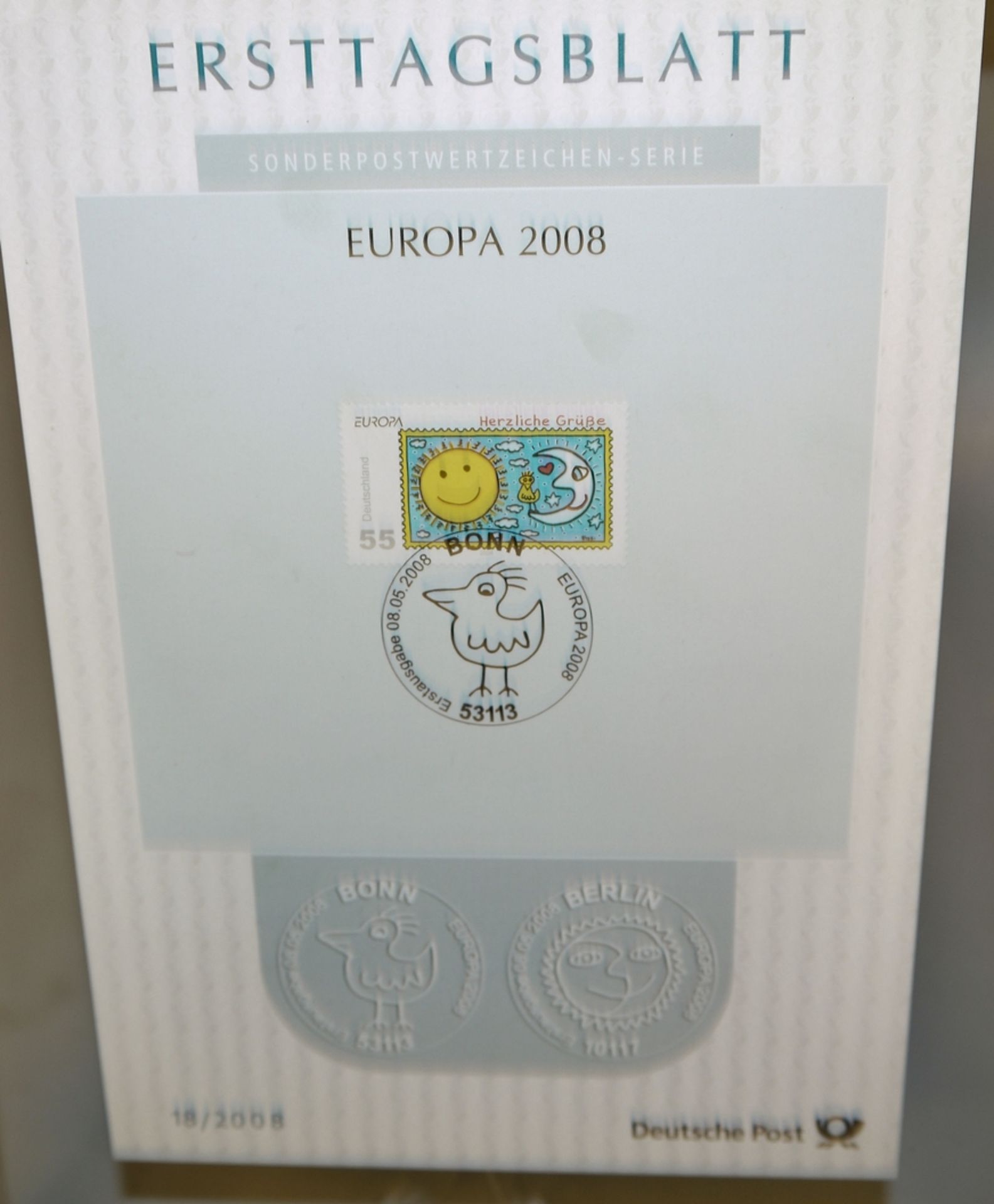 James Rizzi, 5 Briefmarken, "Europa - Herzliche Grüße" und 4 "Post"-Briefmarken, 2 x gerahmt - Bild 2 aus 5