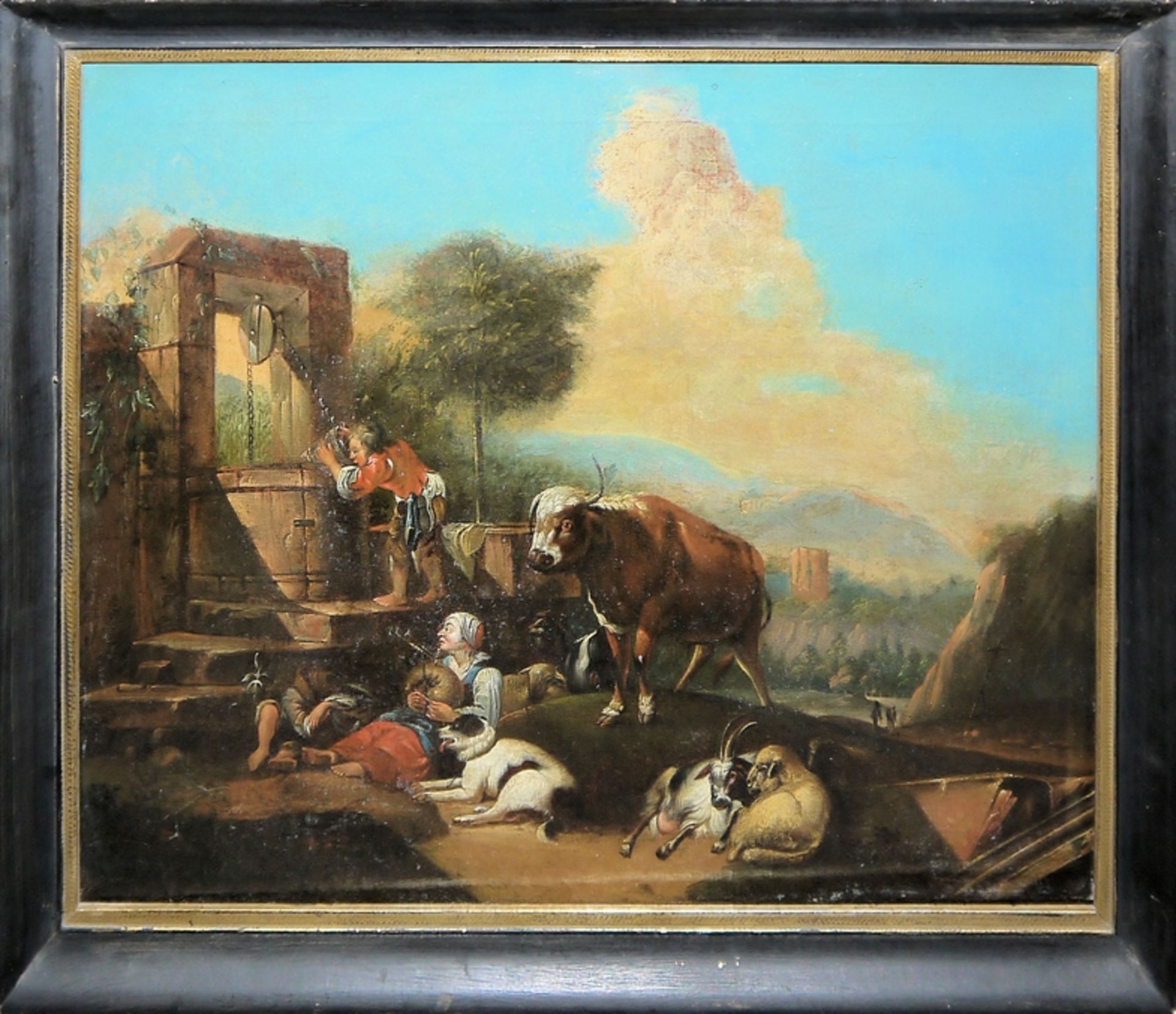 Philipp Peter Roos oder Jakob Roos, unsign./ zugeschr., Tiere und Menschen an einem Brunnen, Ölgemä - Bild 2 aus 3