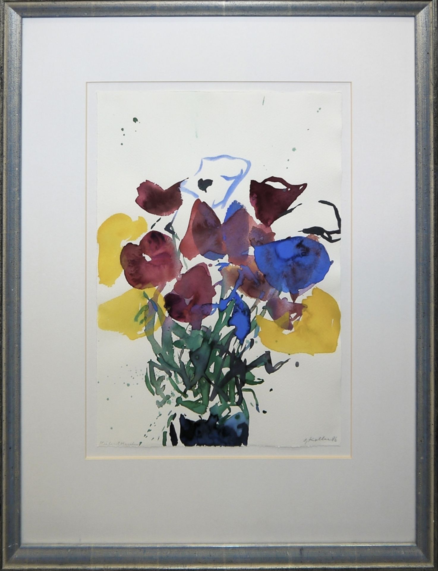 Oskar Koller, "Stiefmütterchen" & Dicke gelbe Blüten, zwei Aquarelle, gerahmt - Bild 3 aus 4