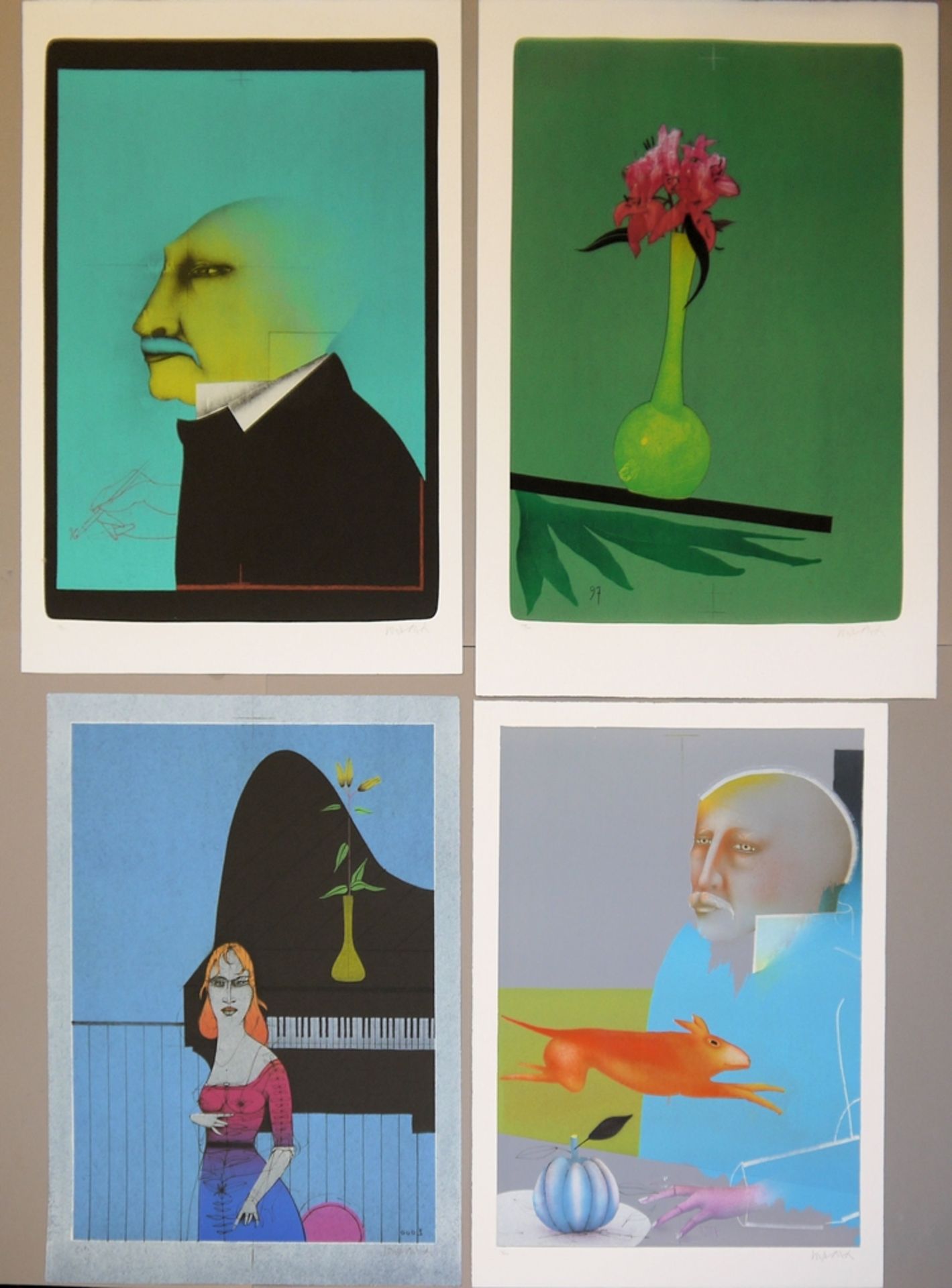 Paul Wunderlich, Selbstbildnis, Porträt und Lilien, 4 signierte Farblithographien