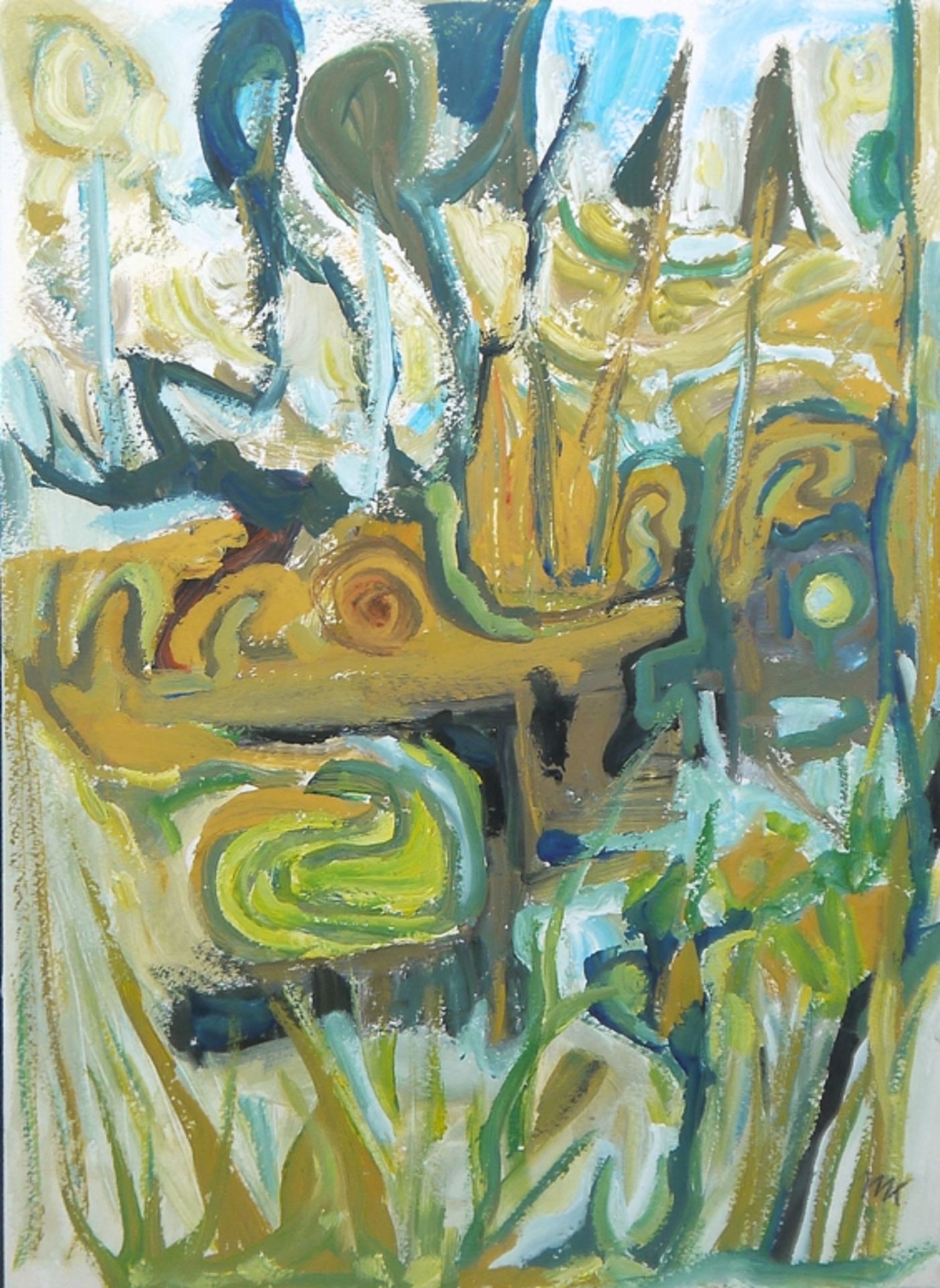 Marlise Klock, "Schilfblumen", Gouache & "Auf dem Balkon", Mischtechnik, gerahmt