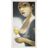 Johannes Hüppi, Kellnerin mit Weißweinglas, große signierte Farbaquatinta-Radierung von 2005