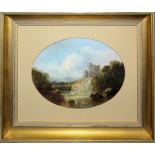 Romantiker/Frühimpressionist um 1850, antike Ruine an einem Gewässer, qualitätvolles Ölgemälde gera