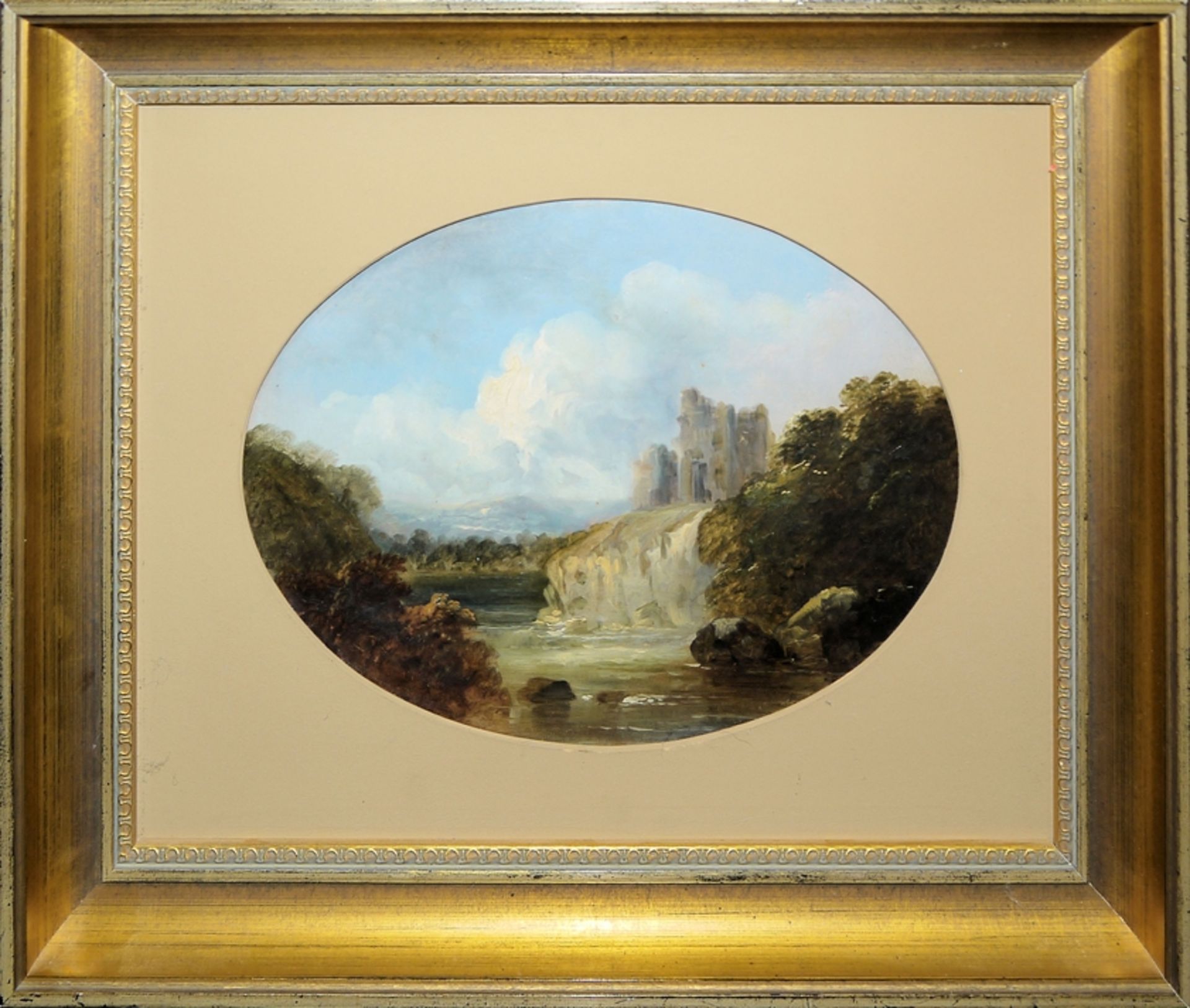 Romantiker/Frühimpressionist um 1850, antike Ruine an einem Gewässer, qualitätvolles Ölgemälde gera