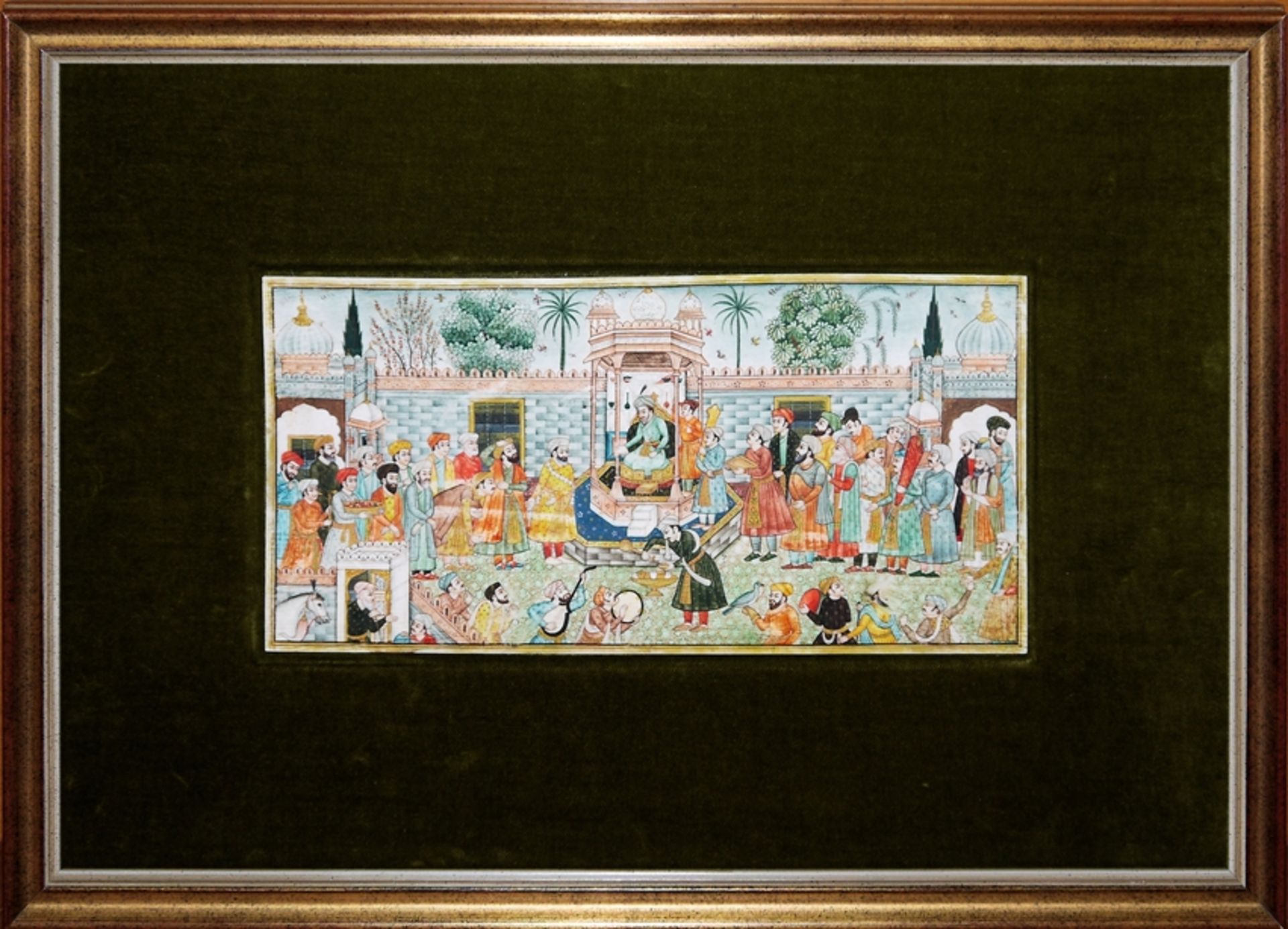 Durbar-Szene eines Herrschers, Miniaturmalerei im Moghul-Stil, Indien 20. Jh.