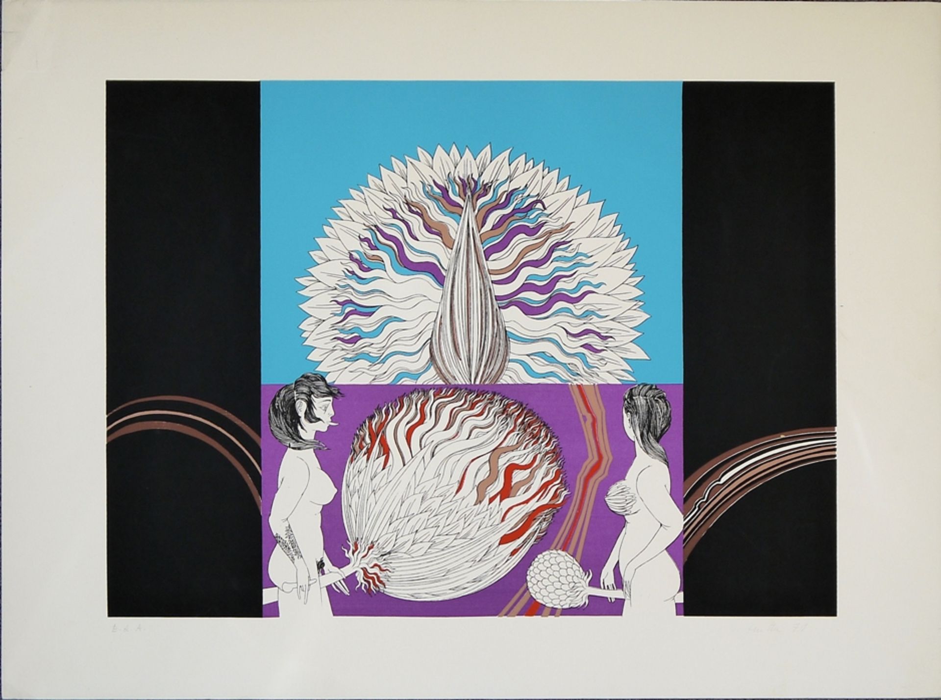 Wolfgang Hutter, Akte mit Blumen, signierte Farblithographie von 1971
