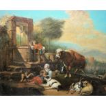 Philipp Peter Roos oder Jakob Roos, unsign./ zugeschr., Tiere und Menschen an einem Brunnen, Ölgemä