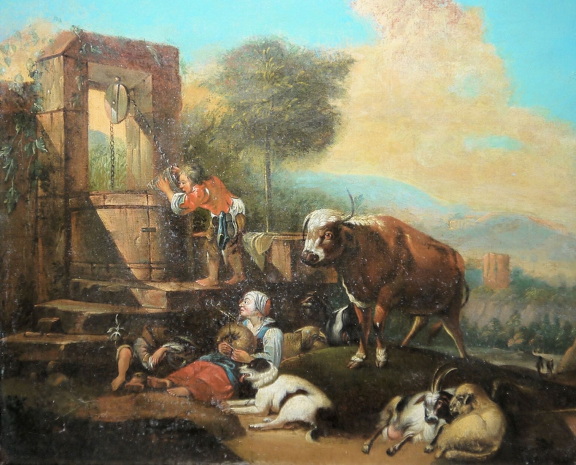 Philipp Peter Roos oder Jakob Roos, unsign./ zugeschr., Tiere und Menschen an einem Brunnen, Ölgemä