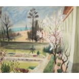 Erwin Henning, Ausblick aus dem Garten im Frühling, Aquarell um 1950