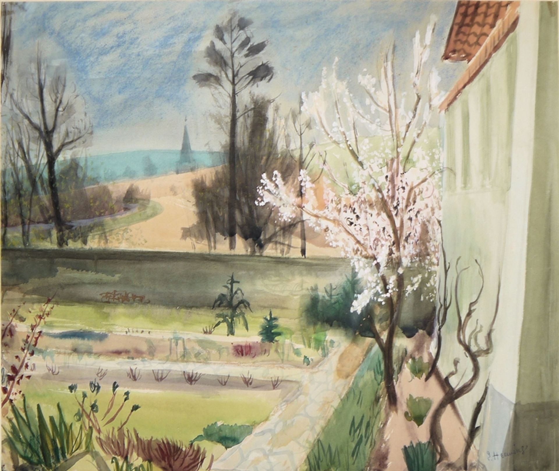 Erwin Henning, Ausblick aus dem Garten im Frühling, Aquarell um 1950