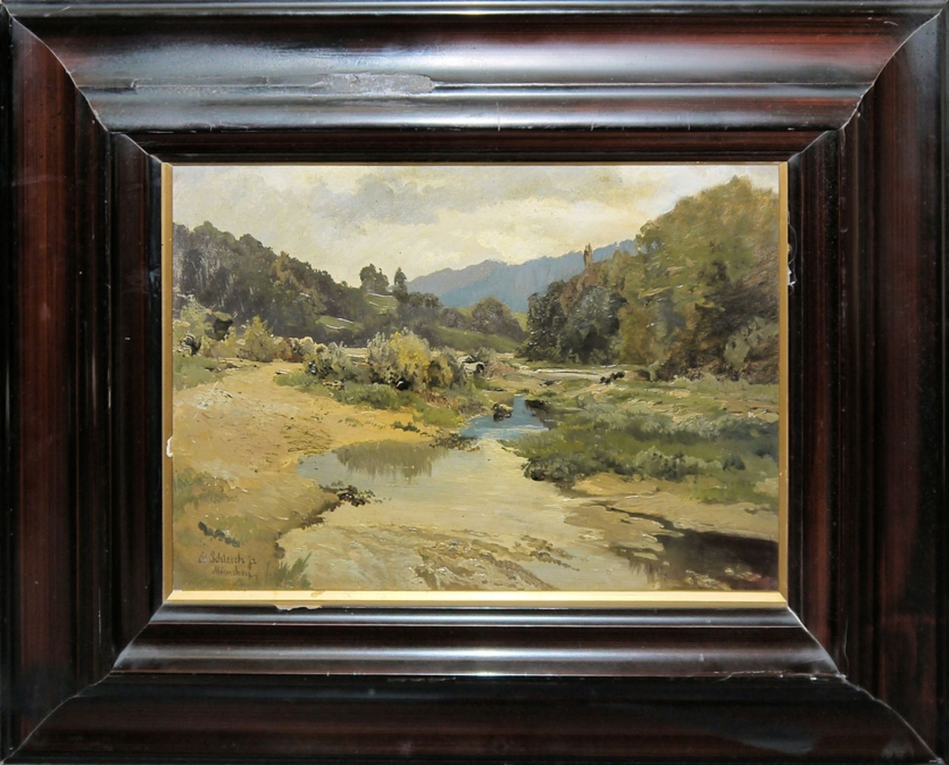 Eduard II Schleich, Flusslandschaft, impressionistisches Ölgemälde, München 1882, original gerahmt - Bild 2 aus 4