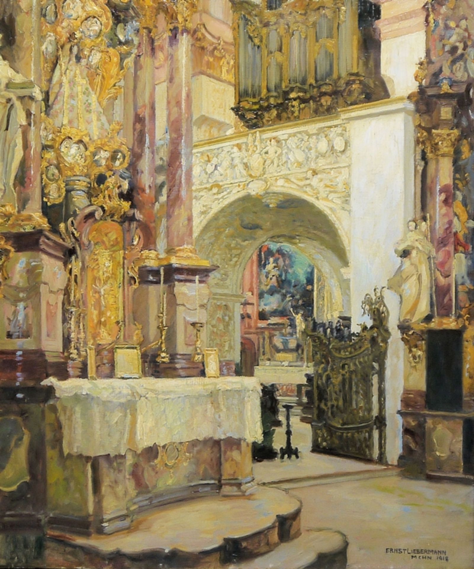 Ernst Liebermann, "In der St. Lorenzkirche in Kempten", Ölgemälde, München 1918, gerahmt 