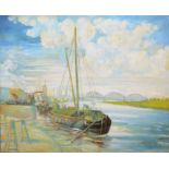 F. Max Richter-Reich, Duisburg Hafen mit Haus-Knipp Brücke, repräsentatives Ölgemälde von 1918, im 