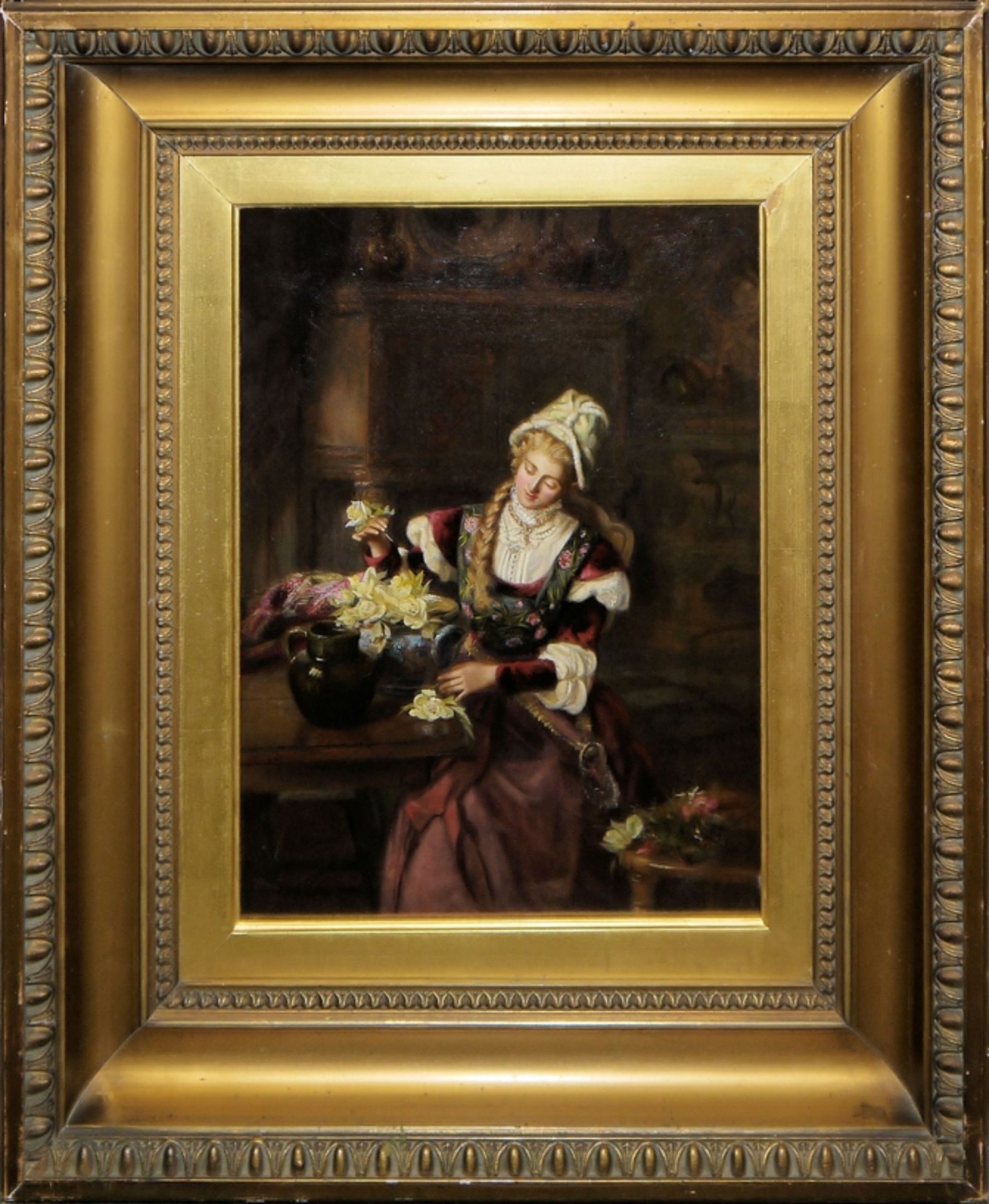 Englischer Genre-Maler um 1860/70, Junge Frau beim Arrangieren von Blumen, Ölgemälde im wohl origin - Bild 2 aus 3