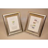 James Rizzi, 5 Briefmarken, "Europa - Herzliche Grüße" und 4 "Post"-Briefmarken, 2 x gerahmt