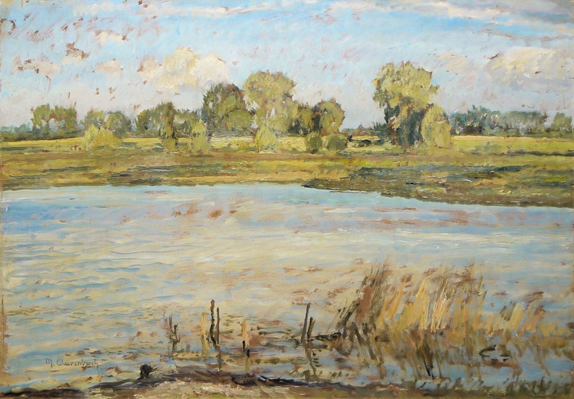 Max Clarenbach, Rheinische Uferlandschaft, wohl an der Erft, Ölgemälde, gerahmt