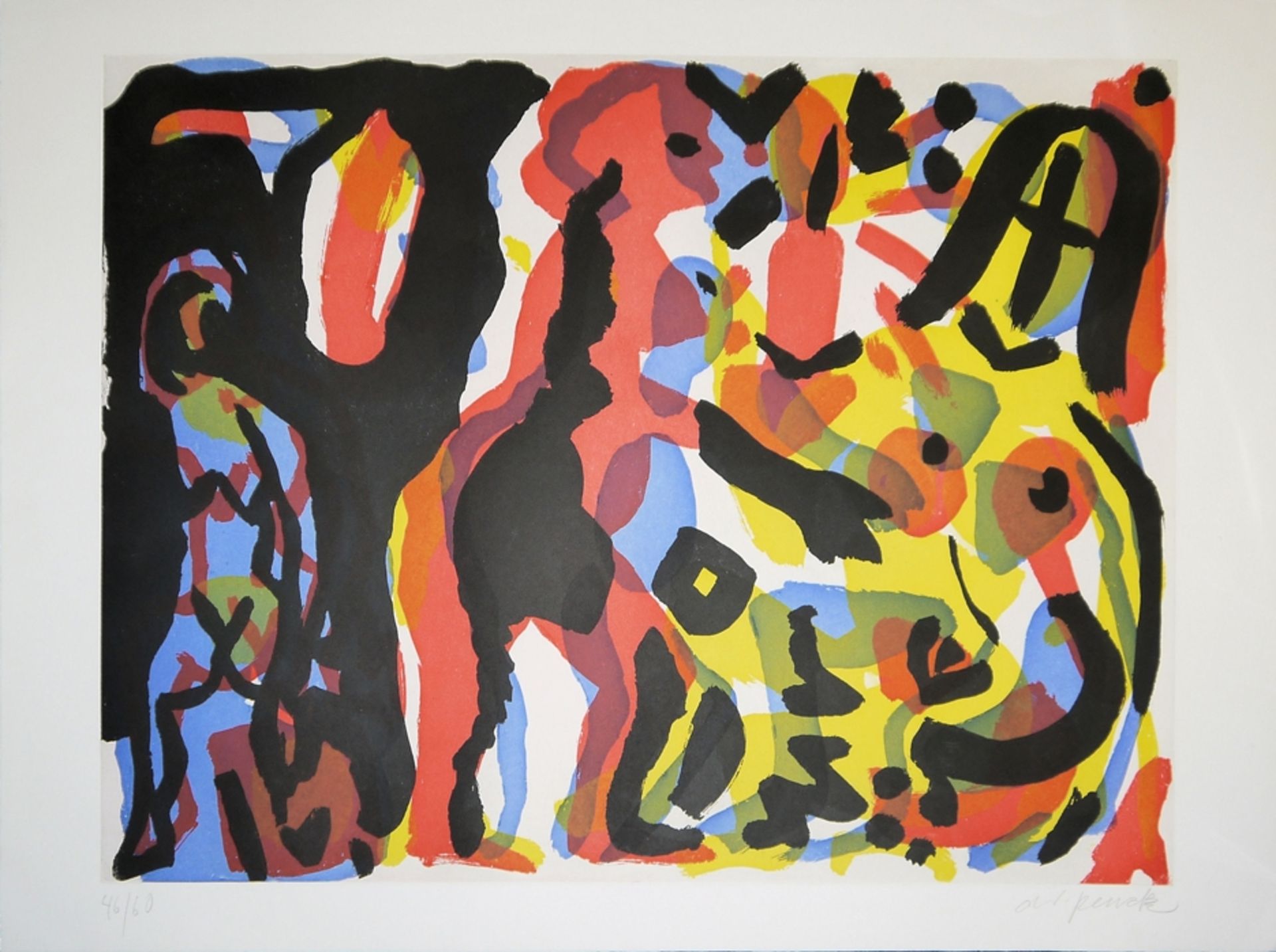 A.R. Penck, Komposition mit Figuren, große signierte Farbradierung aus der "Berlin-Suite" von 1990