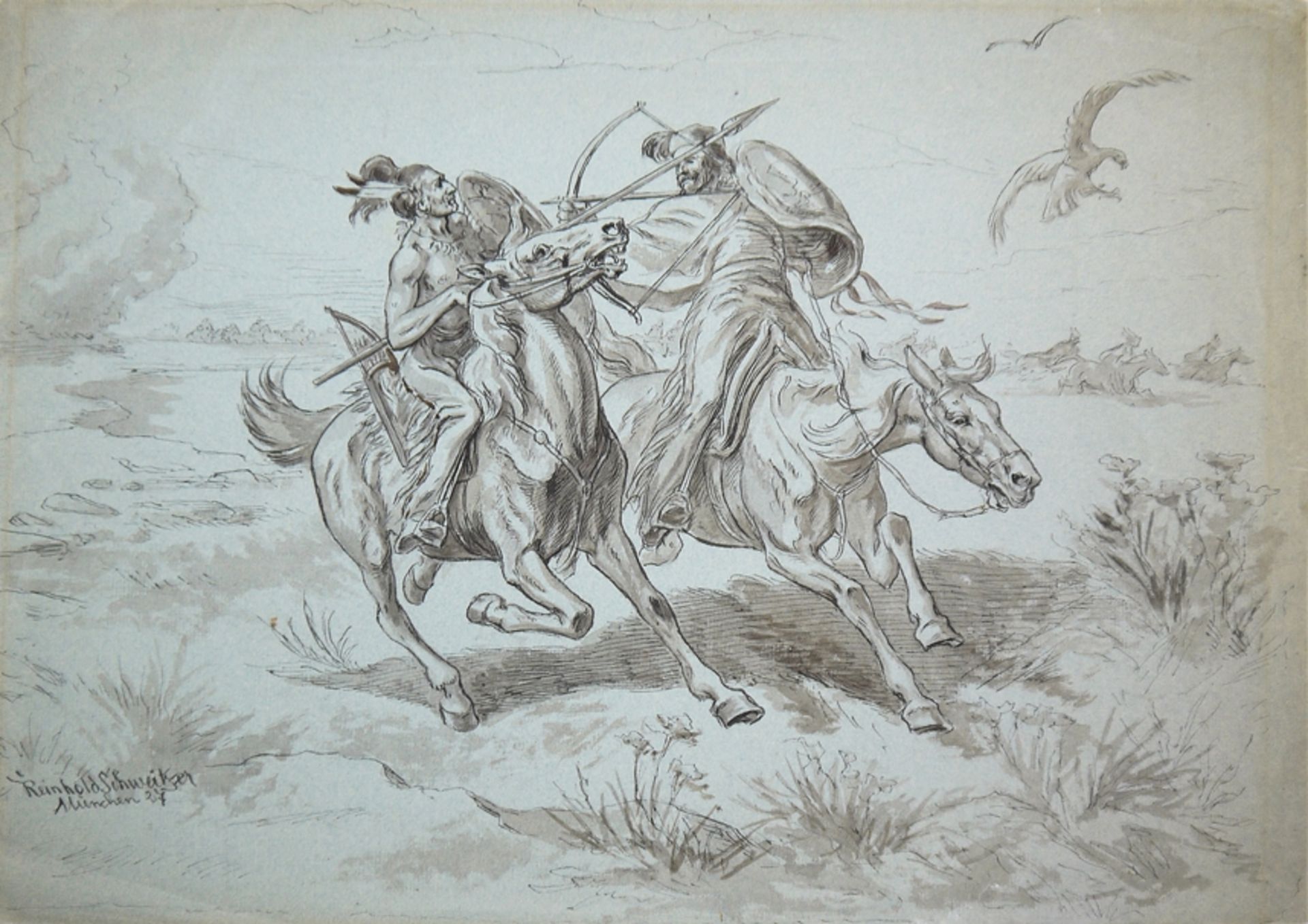 Sammlungsnachlass mit 5 Zeichnungen, Aquarell und Gouache, dabei Reinhold Schweitzer, nach Guiseppe - Bild 2 aus 5