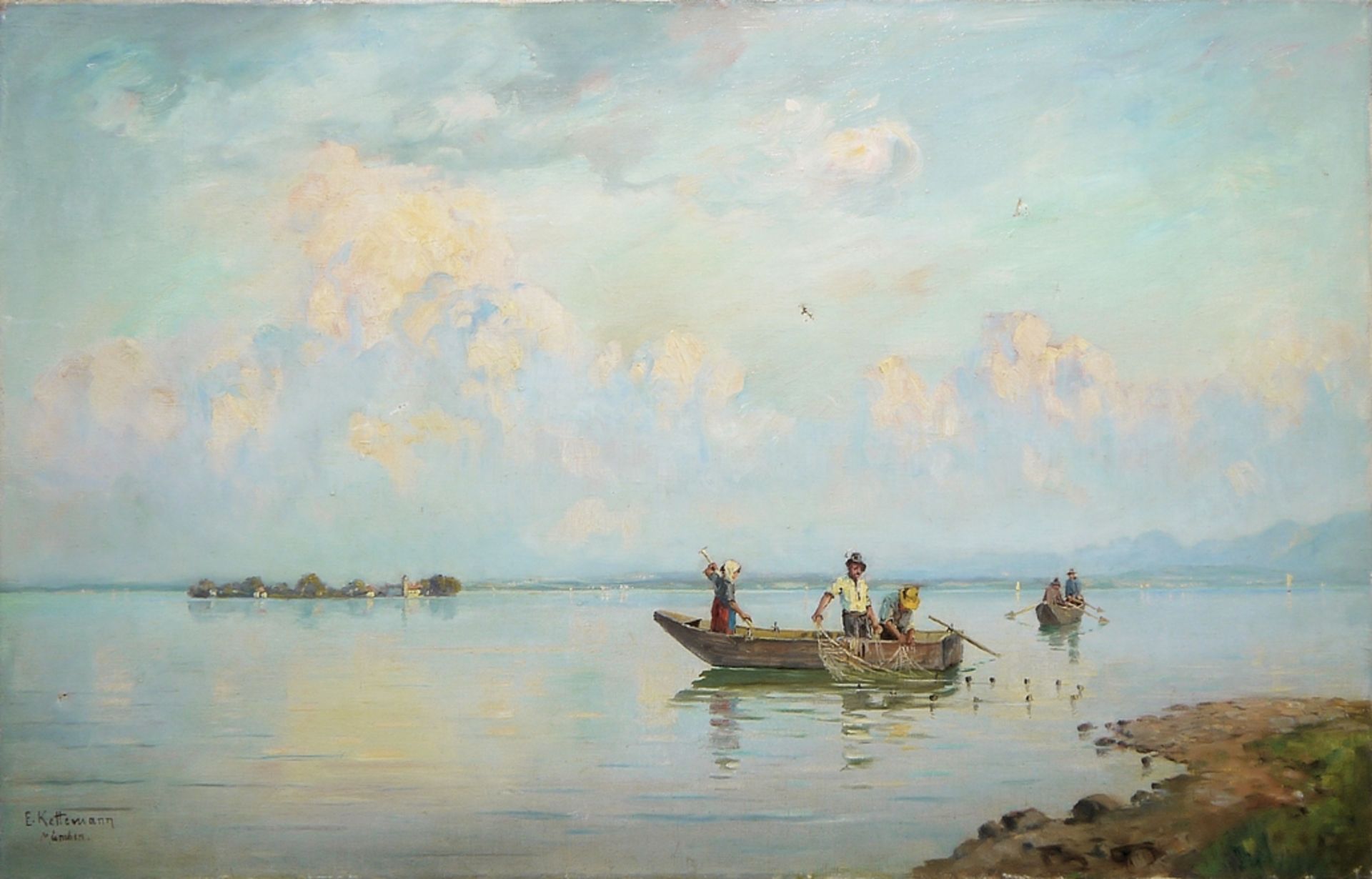 Erwin Kettemann, Fischer auf dem Chiemsee, Ölgemälde