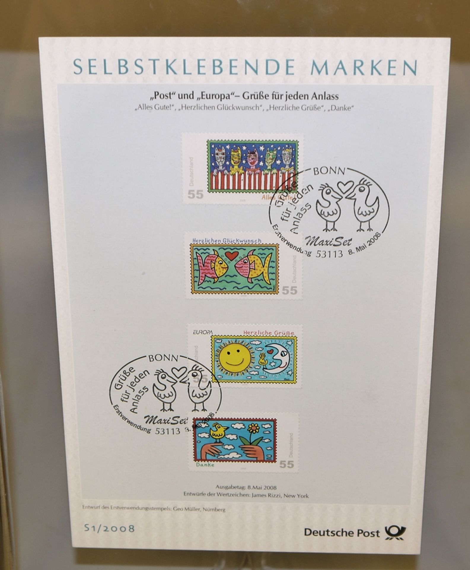 James Rizzi, 5 Briefmarken, "Europa - Herzliche Grüße" und 4 "Post"-Briefmarken, 2 x gerahmt - Bild 3 aus 5