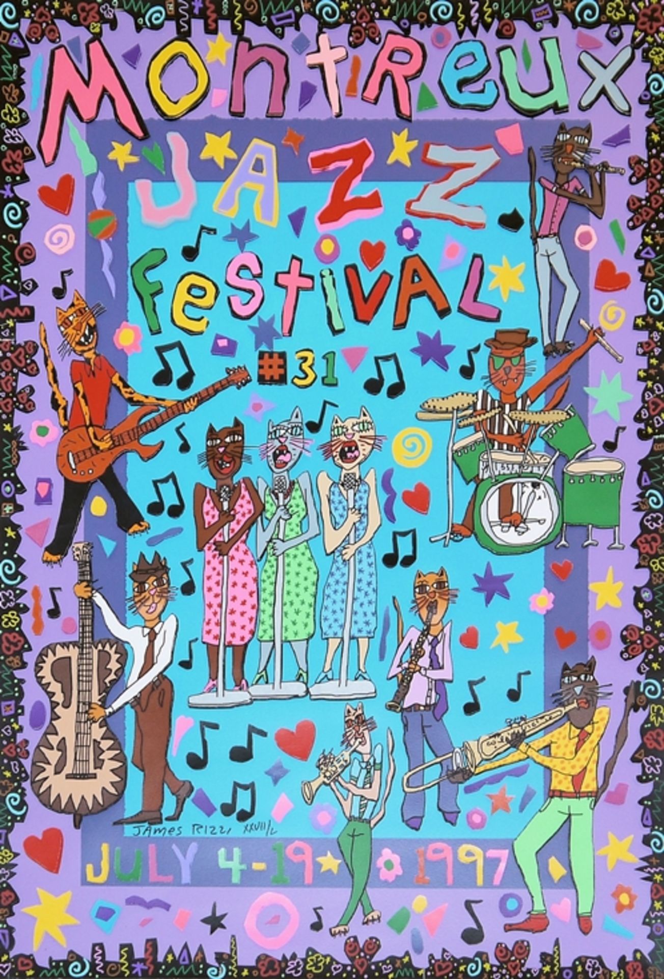 James Rizzi, "31. Montreux Jazz Festival, 1997", sign. 3-D Farbserigraphie, in bester Erhaltung & "