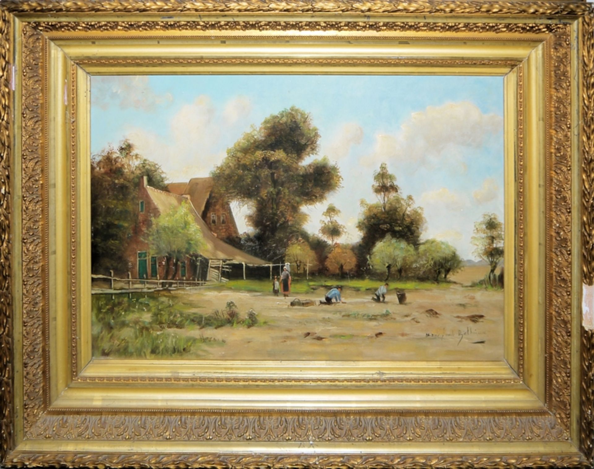 2 x unleserlich sign. Landschaftsgemälde mit Personen, wohl Niederlande um 1880/ 1900, beide in alt - Bild 2 aus 6