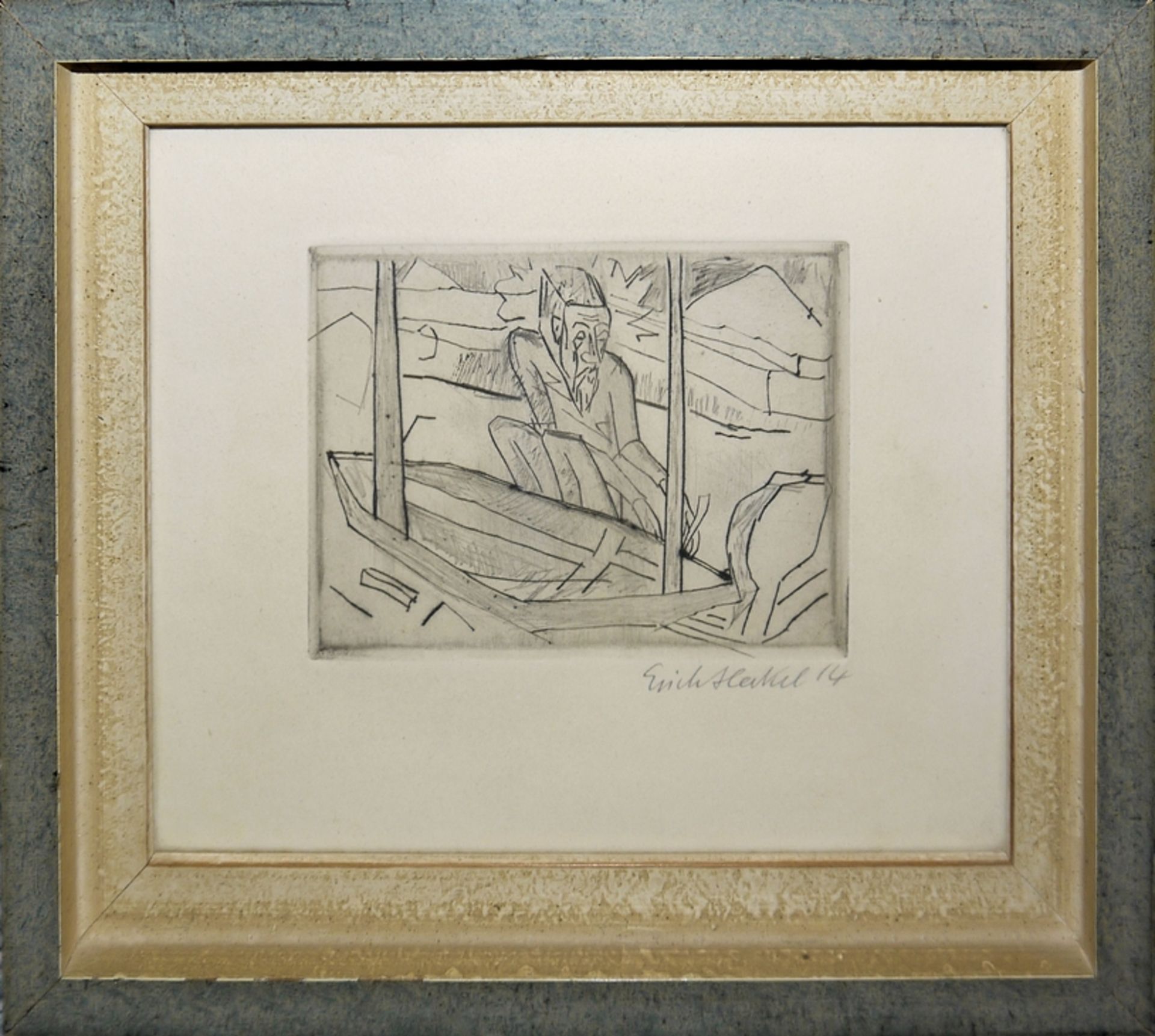 Erich Heckel, Bootsbauer, signierte Radierung von 1914, gerahmt