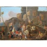 Italienischer Meister des 17. Jhs., Vielfigurige ländliche Szene in einer antiken Ruine, Ölgemälde 